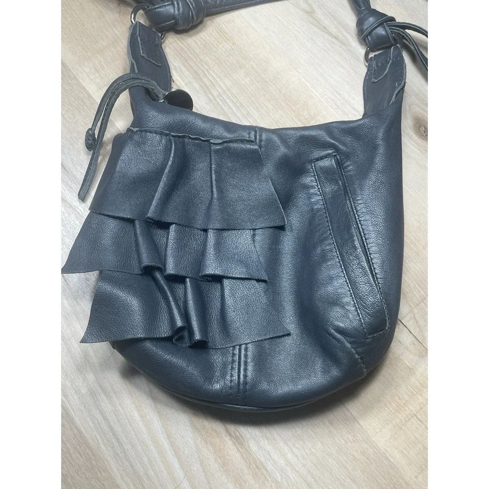 Jola V Designs‎ Black Leather Ruffle Crossbody Bag Boho Slouchy Shoulder Purse